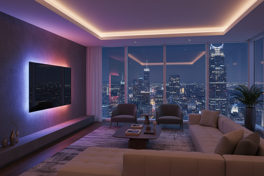 Ambient TV light in the night in Living room , in sky scraper
